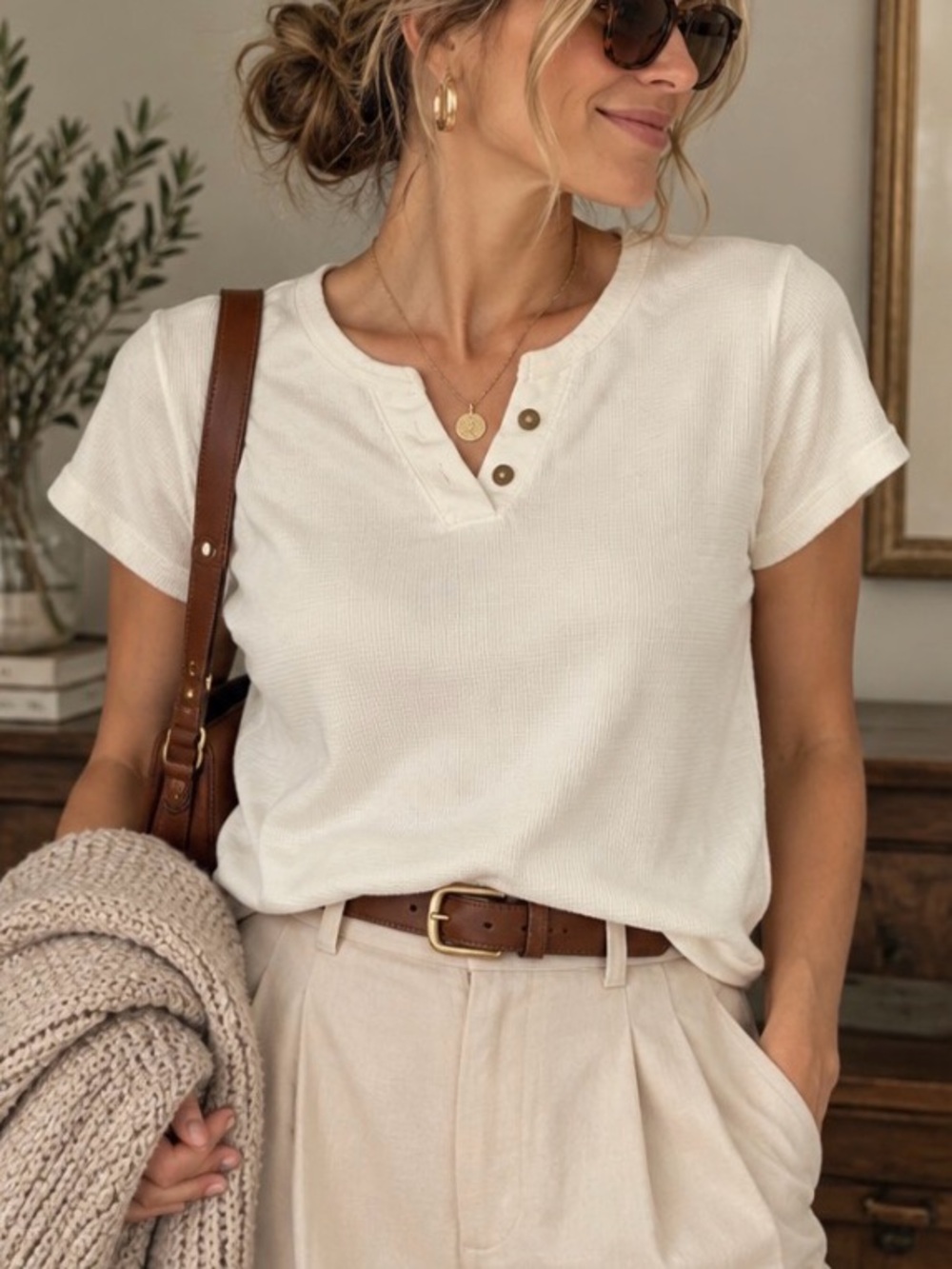 Madewell Short Sleeve waffle knit Henley Top ivory fall layer M